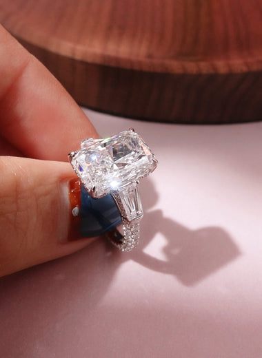 Radiant Shape Lab Diamond Ring - Tapered Baguette 3 Stone with Pavé Band - Infinite Gems Limited