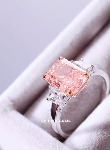 Radiant Cut Fancy Vivid Pink Ring - Brilliant Trapezoid 3 Stone Setting - Infinite Gems Limited