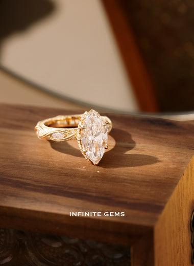 Marquise Cut Lab Diamond Ring - Hand-Engraved Vintage Setting - Infinite Gems Limited