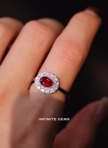 Burma Pigeon Blood Ruby Oval Halo Ring - Infinite Gems Limited