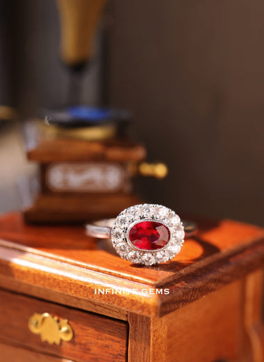Burma Pigeon Blood Ruby Oval Halo Ring - Infinite Gems Limited