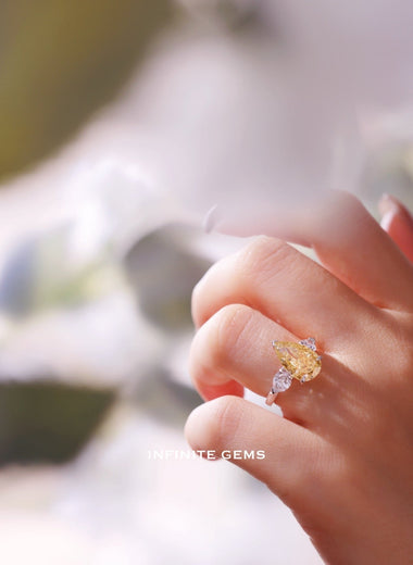Fancy Yellow Pear Shape Ring - Three Stone Classic Setting - Infinite Gems Limited