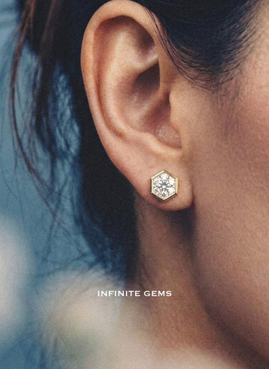 Hexangonal Shape Stud Earrings - Bezel Setting - Infinite Gems Limited