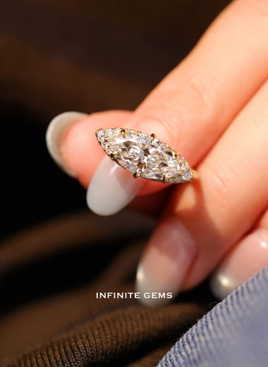 Marquise Shape East West Ring - Hidden and Underneath Halo Setting - Infinite Gems Limited