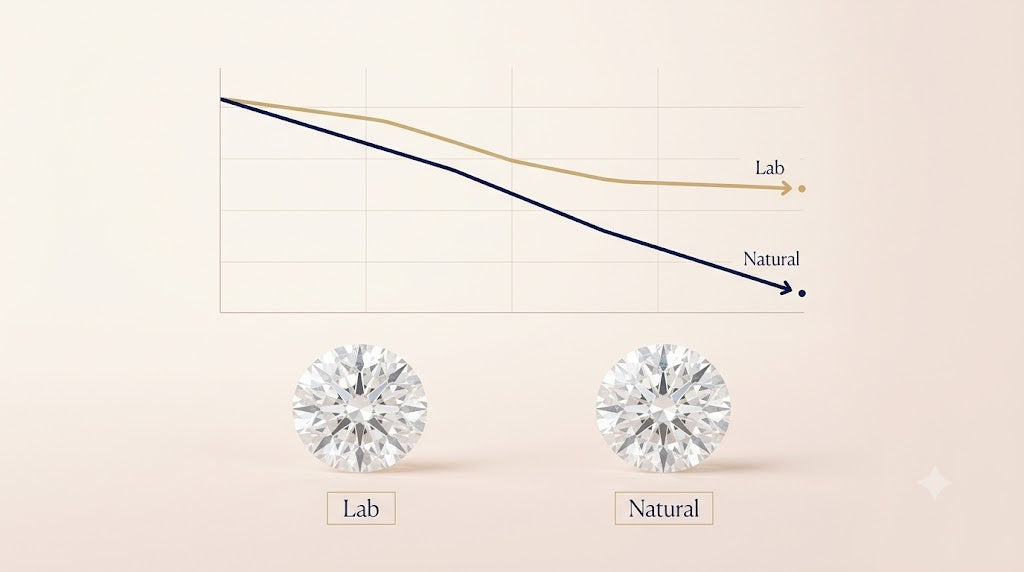 Lab grown vs natural diamond value retention over five years — price chart showing natural diamonds losing more value than a whole lab grown diamond ring — Infinite Gems