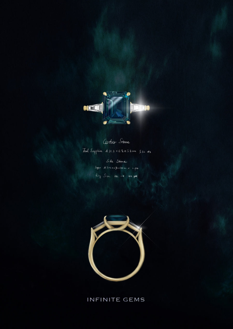 Teal sapphire initial ring