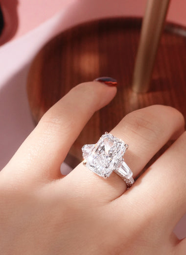 Radiant Shape Lab Diamond Ring - Tapered Baguette 3 Stone with Pavé Band - Infinite Gems Limited