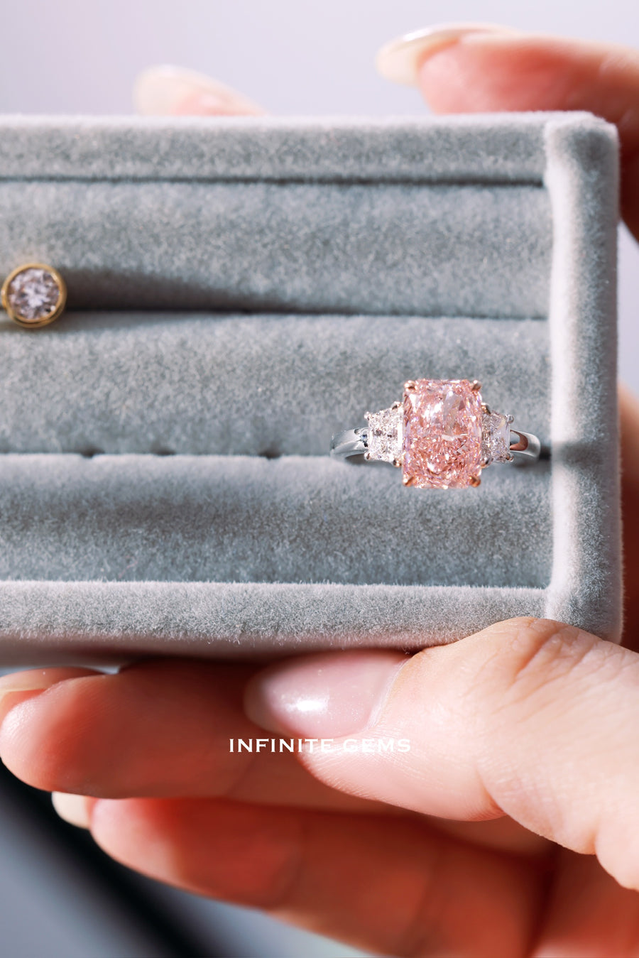 Radiant Cut Fancy Vivid Pink Ring - Brilliant Trapezoid 3 Stone Setting - Infinite Gems Limited