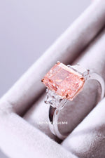 Radiant Cut Fancy Vivid Pink Ring - Brilliant Trapezoid 3 Stone Setting