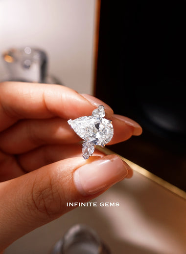 Pear cut lab grown diamond three-stone trilogy engagement ring in 18K white gold — Infinite Gems