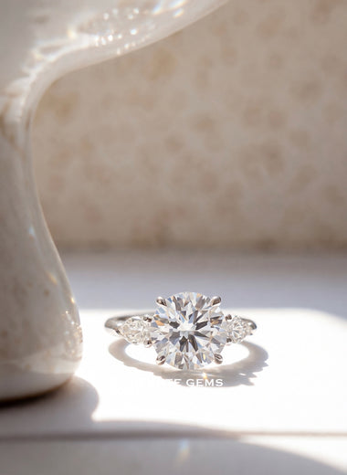 Round Shape Ring - Pear Side Stone 3 Stone Setting - Infinite Gems Limited