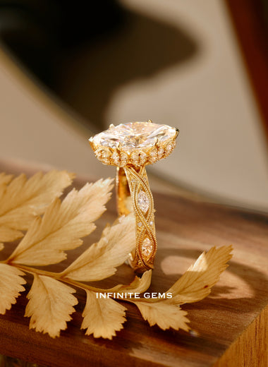 Marquise Cut Lab Diamond Ring - Hand-Engraved Vintage Setting - Infinite Gems Limited