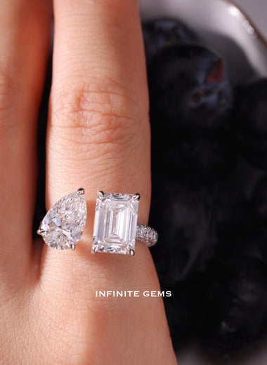 Pear & Emerald Cut Toi et Moi Ring - Two Stone Pavé Setting - Infinite Gems Limited