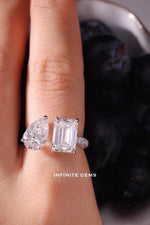 Pear & Emerald Cut Toi et Moi Ring - Two Stone Pavé Setting