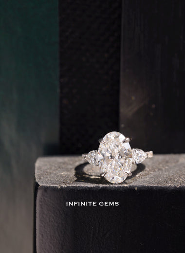 Oval Shape Ring - Pear Side Stone 3 Stone Setting - Infinite Gems Limited