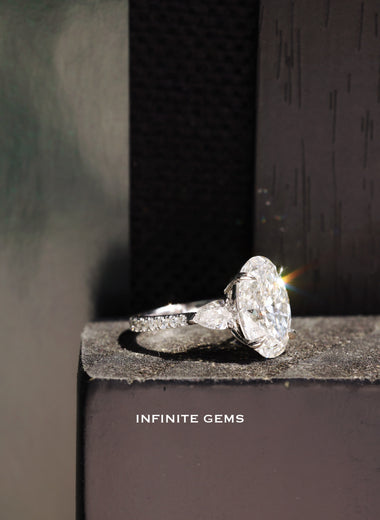 Oval Shape Ring - Pear Side Stone 3 Stone Setting - Infinite Gems Limited