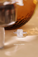 Emerald Shape Ring - Halo Pavé Setting