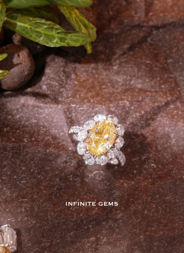 Oval Fancy Vivid Yellow Ring - Fancy Halo Setting - Infinite Gems Limited