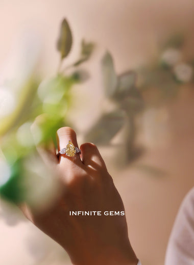 Fancy Yellow Pear Shape Ring - Three Stone Classic Setting - Infinite Gems Limited