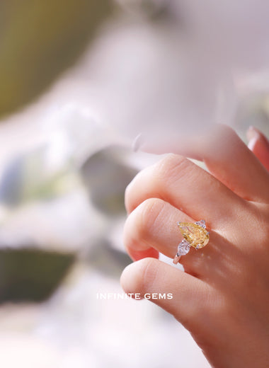 Fancy Yellow Pear Shape Ring - Three Stone Classic Setting - Infinite Gems Limited