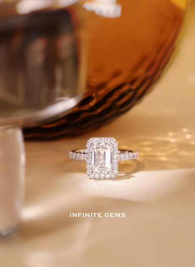 Emerald Shape Ring - Halo Pavé Setting - Infinite Gems Limited