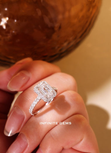 Emerald Shape Ring - Halo Pavé Setting - Infinite Gems Limited